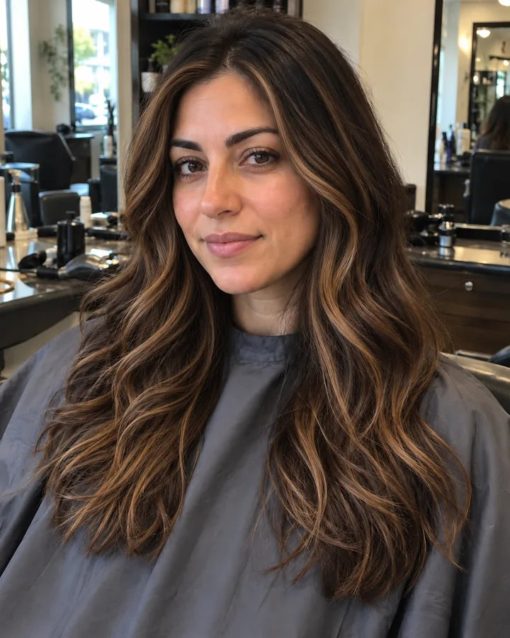 The same client with the same caramel highlights starting right at the hairline, framing her face