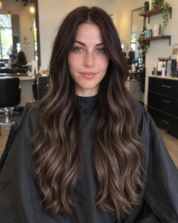 The same client with a medium-contrast balayage, deep brunette at the root and around the face, softer brown through the lengths