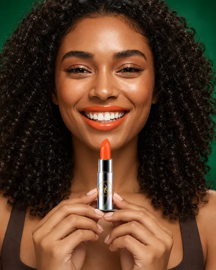 Smiling woman with curly hair wearing a bright orange ONDAS lipstick and holding the silver tube