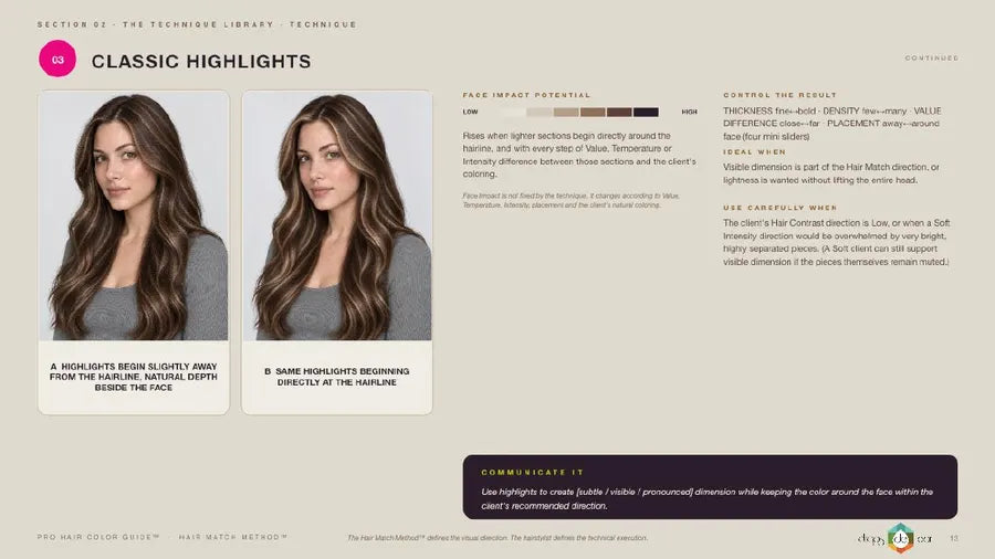 Pro Hair Color Guide page: balayage at low, medium and high contrast