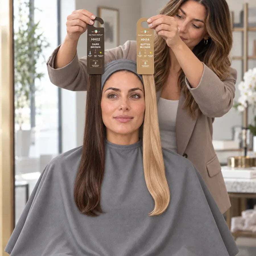 A consultant holds Hair Match swatches HH02 Dark Brown and HH14 Butter Blonde on each side of a client's face