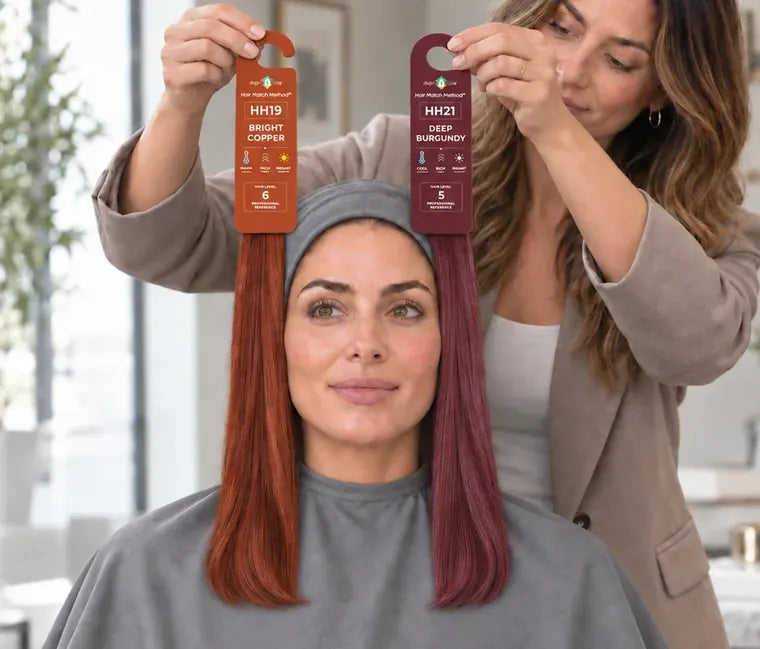 A consultant holds swatches HH19 Bright Copper and HH21 Deep Burgundy on each side of her client's face