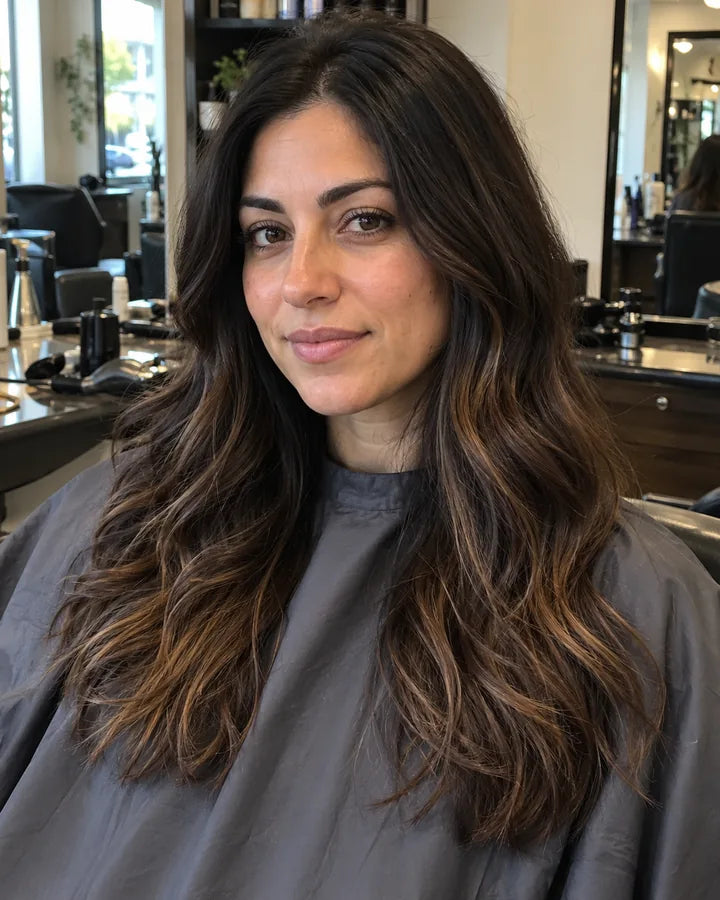 Client in a salon chair with caramel highlights that start slightly away from the hairline, keeping dark brown beside her face