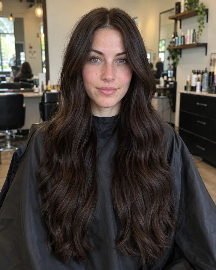 Fair-skinned client in a salon chair with solid deep brunette hair, one uniform color from root to ends