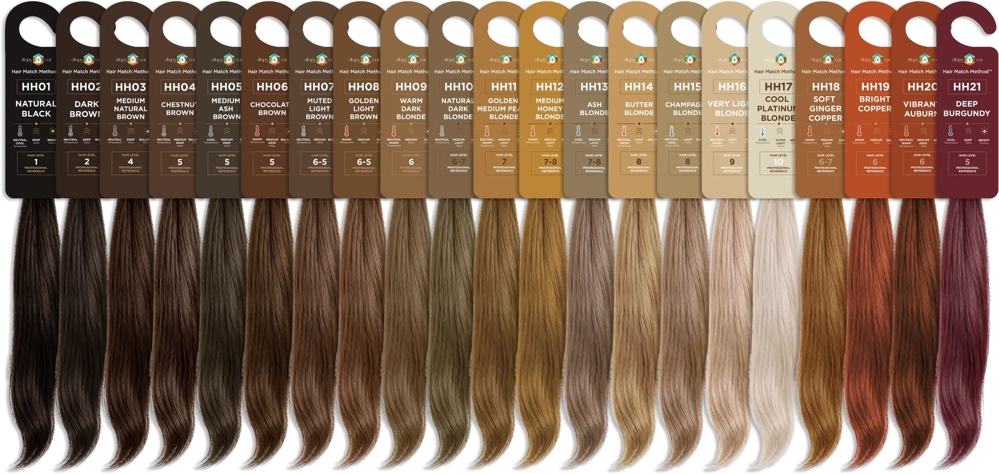 The 21 Hair Match swatches hanging side by side, from HH01 Natural Black to HH21 Deep Burgundy