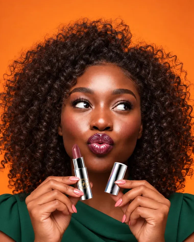 Woman with curly hair in a green top blowing a kiss, wearing an ONDAS lipstick and holding the open silver tube