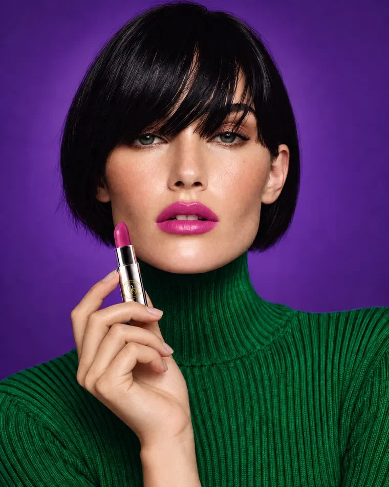 Woman with a black bob in a green turtleneck, wearing a cool fuchsia ONDAS lipstick and holding the silver tube